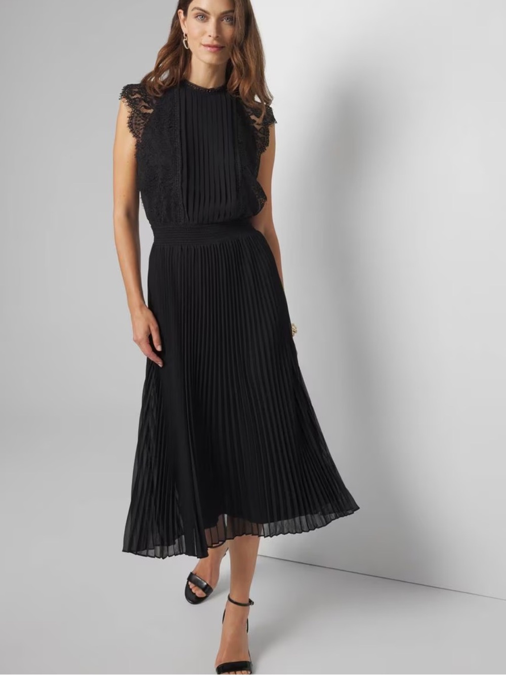 Cap Sleeve Lace Detail Pleated Midi Dress